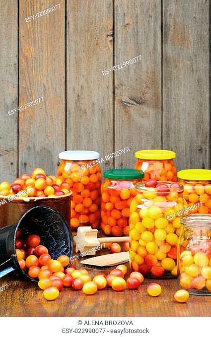 Preserving Mirabelle plums - jars of homemade fruit preserves - Mirabelle prune