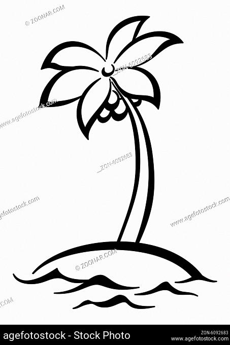 Tropical sea island with palm tree with leaves and coconuts black silhouettes isolated on white background