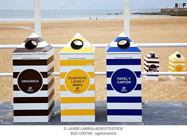 Reccycling bins, Playa San Lorenzo, Gijon, Asturias, Spain