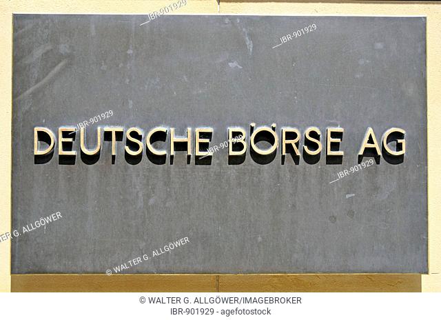 Deutsche Boerse, or German Stock Exchange, sign at the building entrance, Frankfurt, Hesse, Germany, Europe