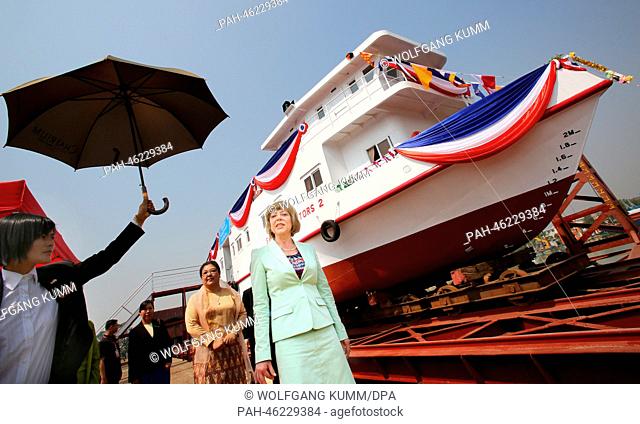 The partner in life of German President Joachim Gauk, Daniela Schadt takes part in a baptism ceremony of a converted passanger boat called the 'Swimming Doctors...