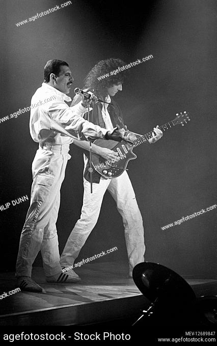 Freddie Mercury with lead guitarist Brian May. Queen recording a video for Friends Will Be Friends, London