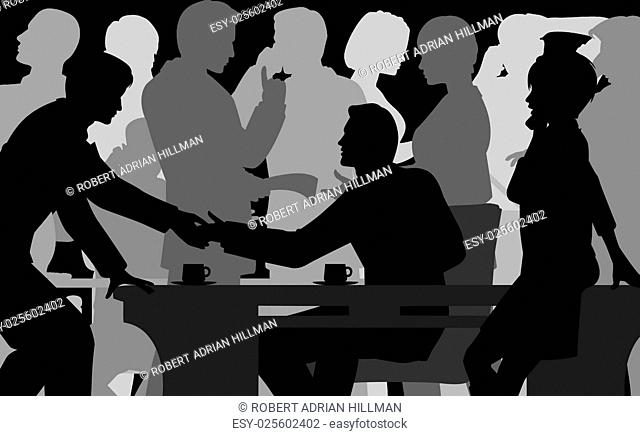 Editable vector silhouettes of people in a busy office with all elements as separate objects