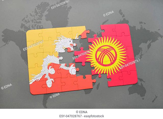 puzzle with the national flag of bhutan and kyrgyzstan on a world map background. 3D illustration