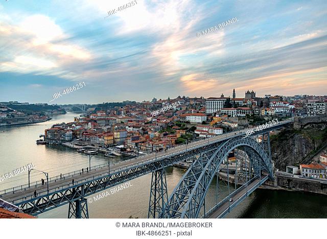 View over Porto with Ponte Dom Luís I, bridge over the river Rio Douro, Porto, Portugal