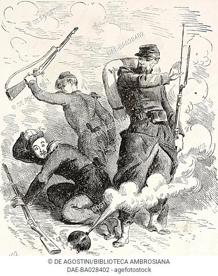 Italian soldiers: a bomb among the soldiers, War of Independence, illustration by Emile Marcelin (1825-1887) from the Journal pour rire, Journal Amusant, No 184