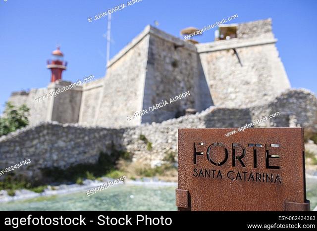 Santa Catarina Fort of Figueira da Foz, Portugal. Rusty sign in the foreground