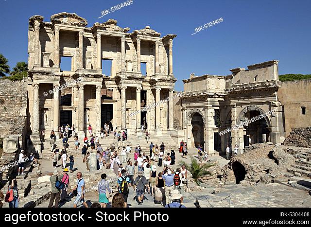 Izmir, Turkey, 25 September 2011: People visit the Library of Celsus in the city of Ephesus.The Library of Celsus is an ancient building in Ephesus, Izmir