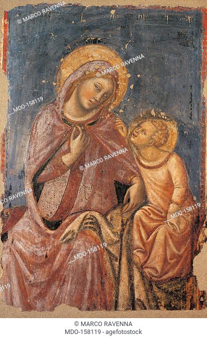 Madonna Sewing, by Vitale degli Equi known as Vitale da Bologna, 1330 - 1340, 14th Century, tempera and oil on panel, detached painted mural