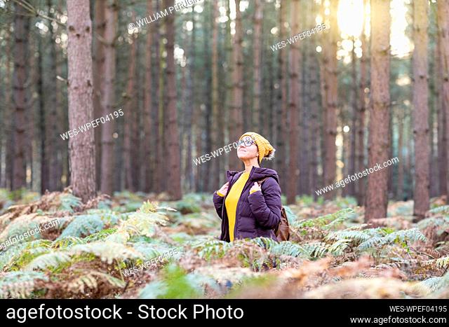 Woman looking up while exploring in forest during autumn