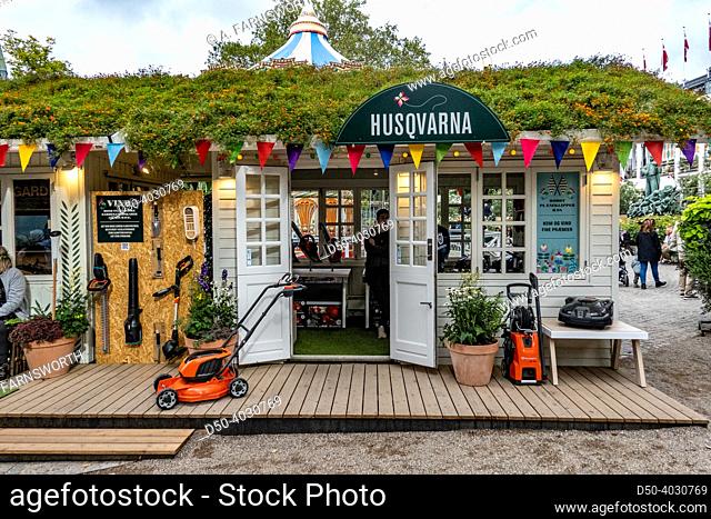 Copenhagen, Denmark A promotional stand for the Swedish Husqvarna brand of electric garden tools at Tivoli Gardens