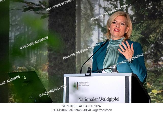 25 September 2019, Berlin: Julia Klöckner (CDU), Federal Minister of Food and Agriculture, speaks at the ""National Forest Summit"" in a Berlin hotel