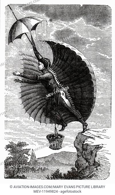 Illustration of the Bird Man Hero of Restif de La Bretonne's Book 'La Decouvert Australe' of 1781 Taking-Off from a Cliff Edge with Umbrella & Basket