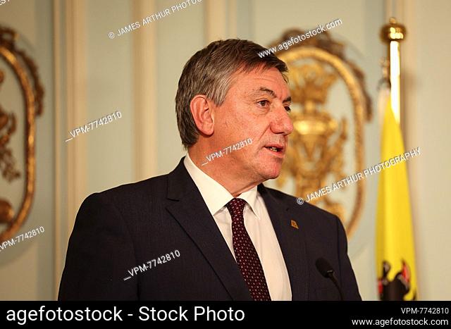 Flemish Minister President Jan Jambon pictured during a press conference of the Flemish government, in Brussels, Friday 04 February 2022