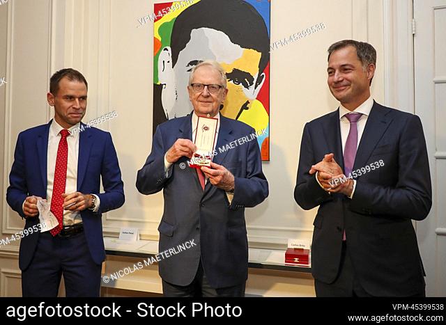 Consul General Filip Vanden Bulcke, Georges Ugeux and Prime Minister Alexander De Croo pictured during an honorary medals ceremony in the margin of the 77th...