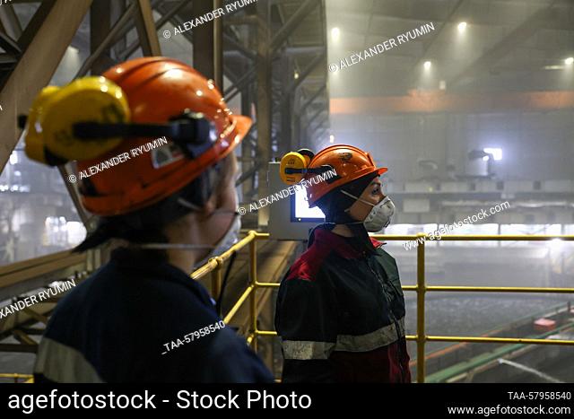 RUSSIA, REPUBLIC OF SAKHA (YAKUTIA) - MARCH 19, 2023: Workers wear hard hats at the Inaglinskaya-2 mining and processing factory