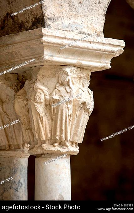 Romanesque capitals of the columns in the cloisters of the Abbey of Montmajour near Arles, France