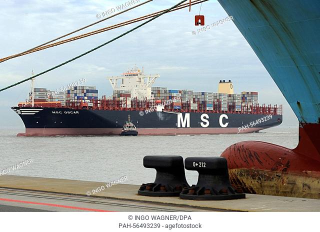 The world's biggest containership 'MSC Oscar' lands at the pier of the JadeWeserPort in Wilhelmshaven, Germany, 7 March 2015
