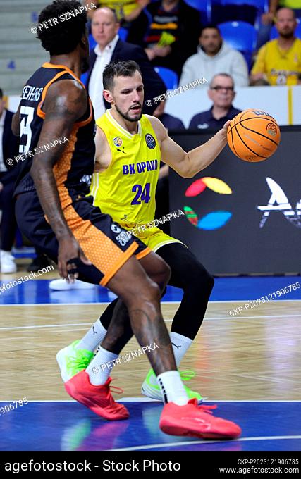 L-R De'Shawn Stephens (Promitheas) and Jakub Sirina (Opava) in action during men's Basketball Champions League, group B, 6th round