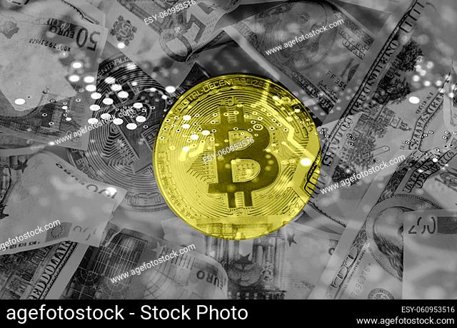 Economy trends virtual digital currency and financial investment trade concept. Bitcoin cryptocurrency, money and circuit board elements