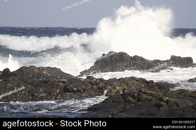 Waves breaking against the shore. El Confital. La Isleta Protected Landscape. Las Palmas de Gran Canaria. Gran Canaria. Canary Islands. Spain