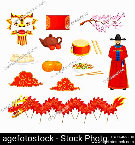 Cartoon Chinese new lunar year characters and items, China holiday vector symbols. Chinese lunar new year decorations and celebration items of dragon mask
