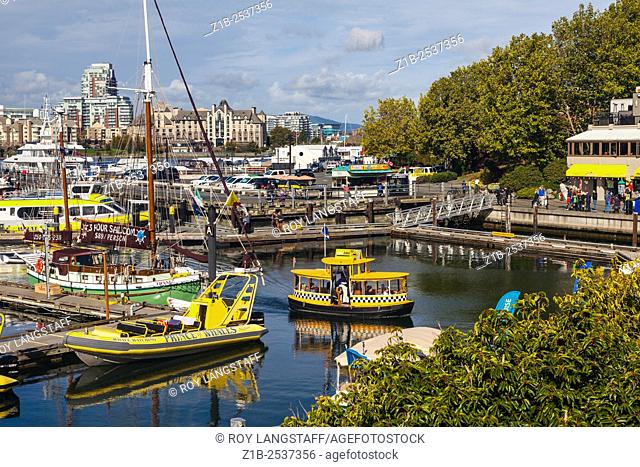 Victoria Harbour with whale watching boats and a yellow passenger ferry, British Columbia, Canada