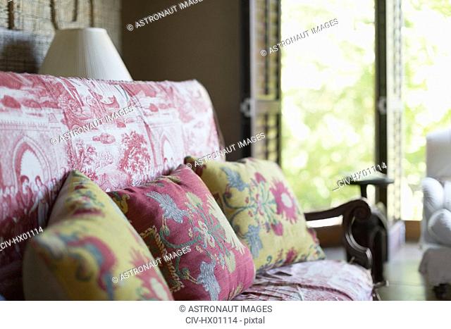 Floral cushions on toile sofa