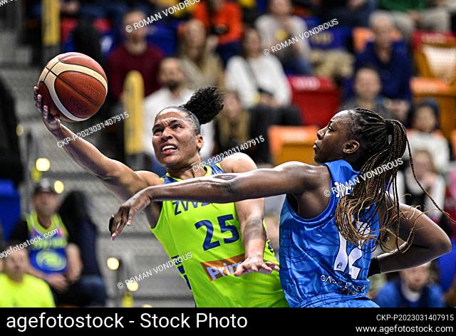 L-R Alyssa Thomas (Prague) and Michaela Onyenwere (Salamanca) in action during the Women's European Basketball League (EuroLeague Women) quarterfinal playoff...
