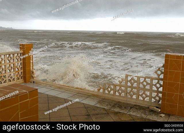Cullera, Valencia, Spain, January 22, 2020.The force of the waves of the Mediterranean Sea tear down the walls of the houses on the waterfront and fill the...