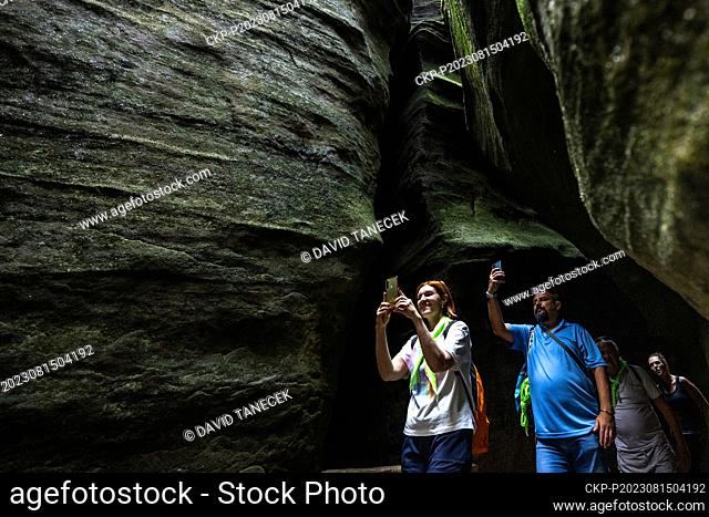 Tourists in Adrspach Rocks, Nachod region, Czech Republic, August 15, 2023. The rock gorges are usually more pleasant in the summer heat and the temperature...