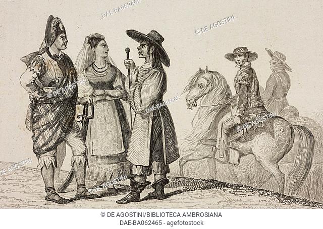 Mexicans wearing traditional clothes, Mexico, engraving by Vernier from Mexique et Guatemala, by De Larenaudiere, Perou, by Lacroix, L'Univers Pittoresque