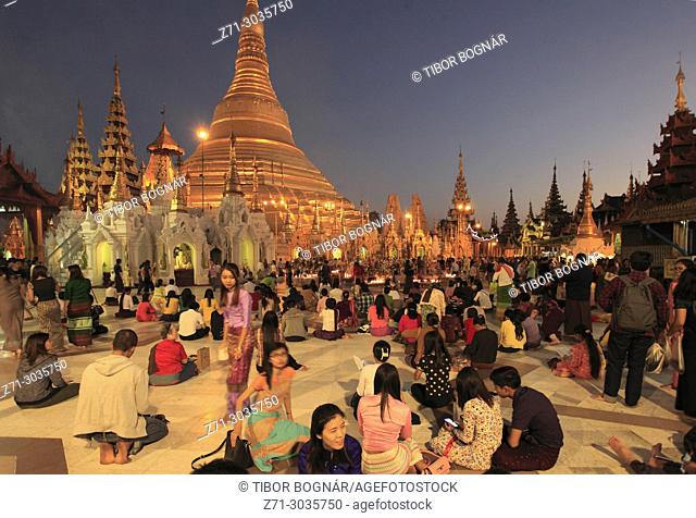 Myanmar, Yangon, Shwedagon Pagoda, people, night, illuminated,