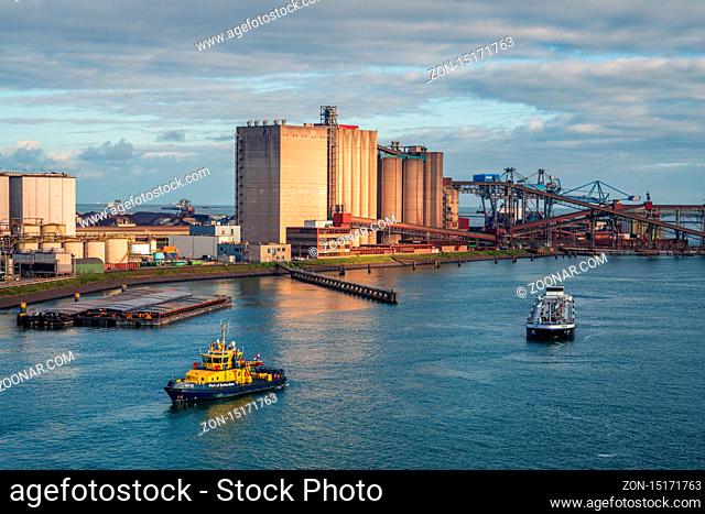 Rotterdam, South Holland, Netherlands - May 10, 2019: Ships and industry in the Beneluxhaven of Europoort