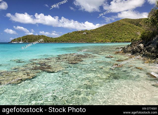 View of the tropical water and hillside along Little Hawksnest Bay on the island of St. John in the United States Virgin Islands
