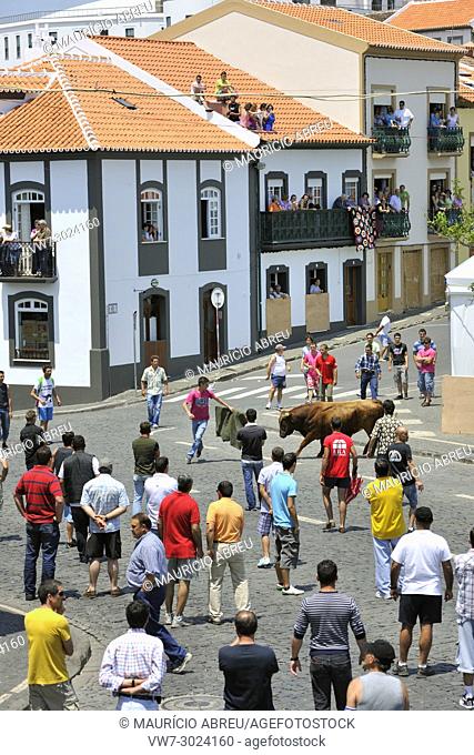 Bullfight day (tourada á corda). Angra do Heroísmo, a UNESCO World Heritage Site. Terceira island, Azores. Portugal