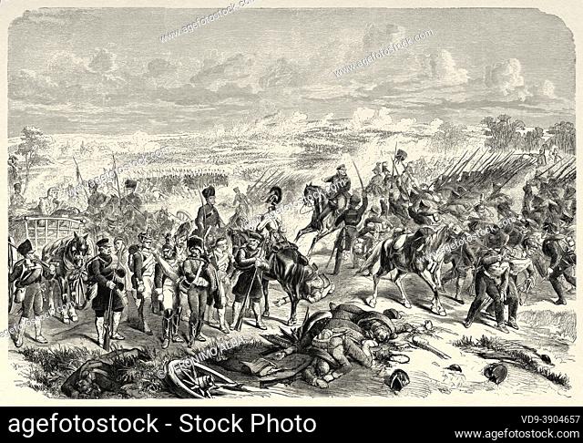 The Battle of Waterloo was fought on Sunday 18 June 1815. Old 19th century engraved illustration from La Ilustración Artística 1882