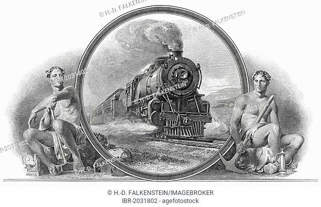Historical stock certificate, railroad company, detail of the vignette, allegorical representation of two railroad workers with a steam locomotive