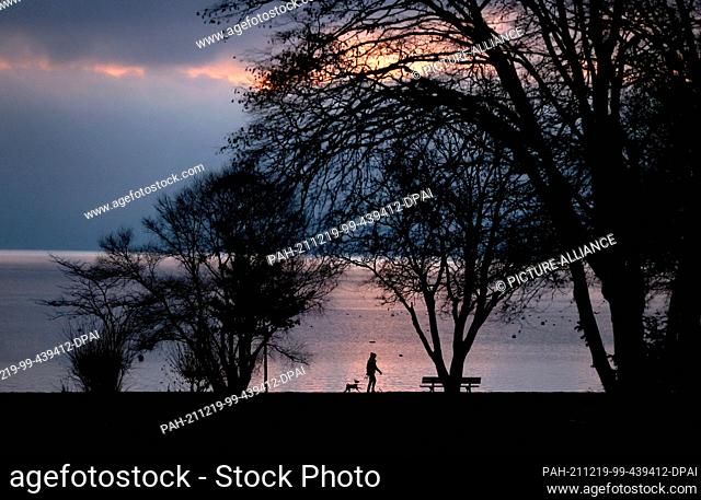 19 December 2021, Bavaria, Utting: A man is walking his dog on the shore of the Ammersee shortly before sunrise. Photo: Karl-Josef Hildenbrand/dpa
