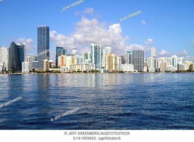 Florida, Miami, Biscayne Bay, city skyline, Brickell, downtown, water, skyscrapers, high rise, condominium, office, buildings, Four Seasons Hotel,