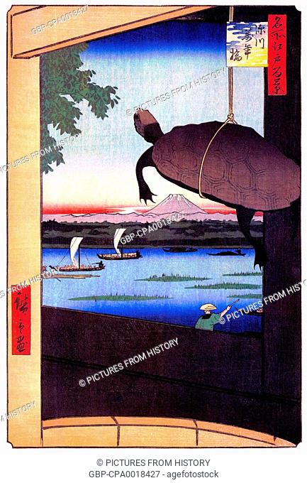 Japan: Summer: Mannen Bridge in Fukagawa (?????); Mount Fuji. Image 56 of '100 Famous Views of Edo'. Utagawa Hiroshige (first published 1856–59)