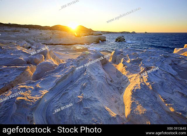 The white cliffs of Sarakiniko Beach at sunset, Milos, Greece