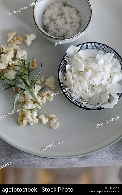 Salted rosemary popcorn and coconut chips