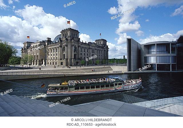 Pleasure boat on river Spree Berlin Reichstag building and Paul Lobe parliament building Berlin-Tiergarten Germany