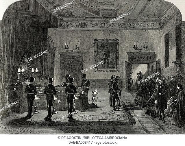 Duke of Northumberland's body lying in state, Alnwick Castle, United Kingdom, illustration from the magazine The Illustrated London News, volume XLVI, March 4