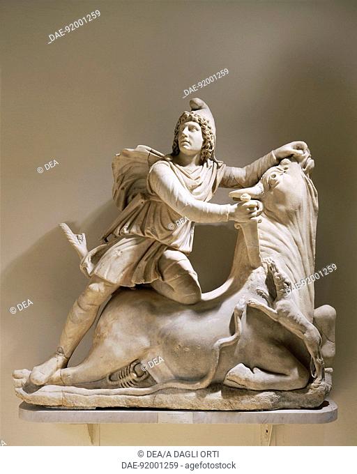 Roman civilization, 2nd century A.D. Sculptural group with Mithras sacrificing a bull. From Rome.  Venice, Museo Archeologico Nazionale (Archaeological Museum)
