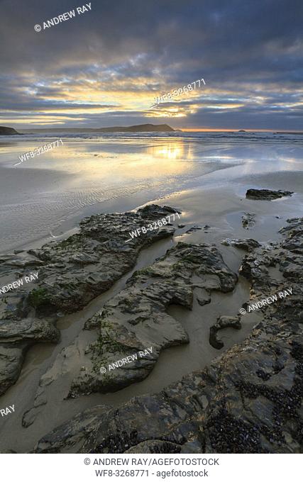 Polzeath Beach at the mouth of Cornwall's Camel Estuary, captured shortly before sunset in mid February