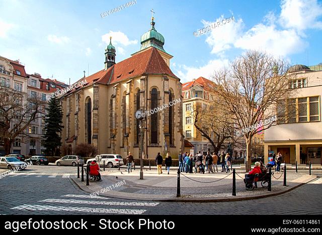 Prague, Czech Republic - March 15, 2017: Exterior view of the Holy Ghost Church in the historic city center