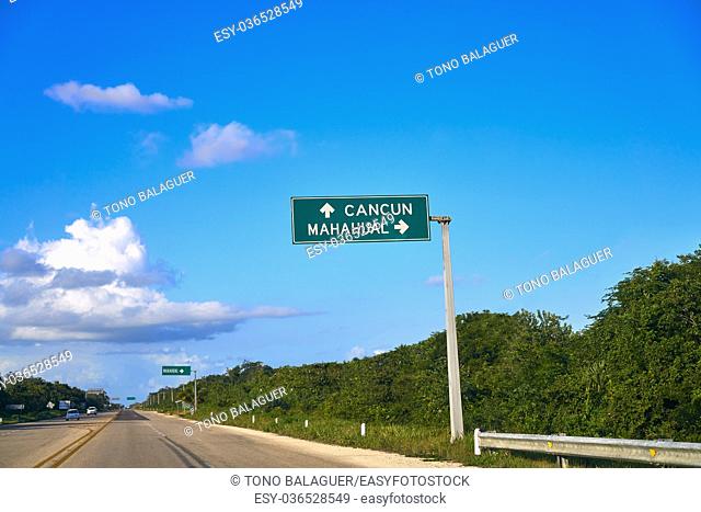 Mahahual Cancun road sign in Mexico Costa Maya