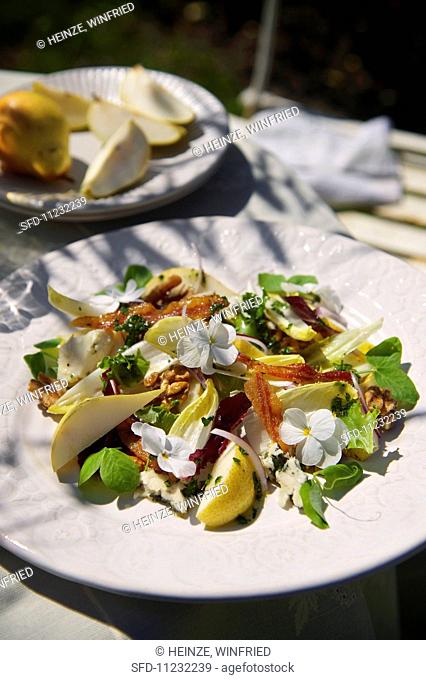 Pears with Roquefort, bacon and walnut vinaigrette